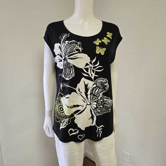 Desigual Top Womens Large Sleeveless Black Floral Butterfly Sheer Back Shirt - Picture 1 of 9